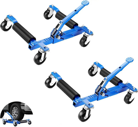 Heavy Duty Car Wheel Dollies With Ratcheting Foot Pedal, 1500 Lb Load Rating, Easy Peasy Rolling And Rock Solid Locking, Tough Garage Workhorses For Moving And Parking, Pack Of Two Blue Units view showing two blue wheel dollies with rollers.