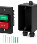 Top Shelf Single Phase Emergency Stop Power Switch With Quick Dual Voltage Control and Heavy Duty Deep Mounting Box for Table Saws Router Tables and Serious Woodworking Gear, featuring red stop and green start buttons.