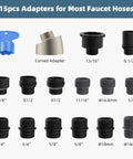 Universal Replacement Kitchen Faucet Head With 15 Adapters for various hose sizes in black and silver shown in grid layout.