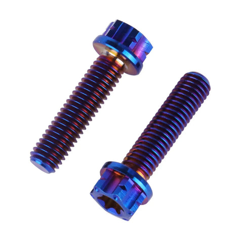 Top Shelf Grade 5 Titanium Flange Bolts With Torx Head Screws M5X20MM Burnt Blue Anodized Heavy Duty Lightweight Hardware Fasteners Pack Of Four Built Tough, showcasing two screws.