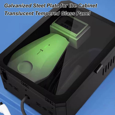 Badass Outdoor Lockable Cabinet For EV Chargers Featuring Clear Tempered Glass Window and galvanized steel plate, displaying charger inside.