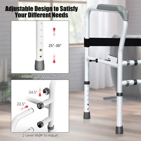 Rock Solid Free Standing Toilet Safety Rail With Quick Adjust Height And Width Settings showing height adjustments from 25" to 30" and width adjustments.