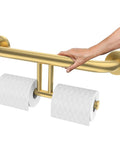 Heavy Duty Brushed Gold Handicap Grab Bar With Integrated Toilet Paper Roll Holder And 304 Stainless Steel Build Offer Kick Ass Grip And Drip Worthy Wall Mounted Bath Safety Rail For Real Ones Who Want Solid Support, hand gripping bar.
