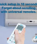 Heavy Hitter Universal Air Conditioner Remote Control With Large Lcd Screen And Instant Code Search Featuring Built In Clock Timers Fahrenheit Toggle Plus Totally Hassle Free Pairing For Serious Chill in hand, displaying temperature and settings.