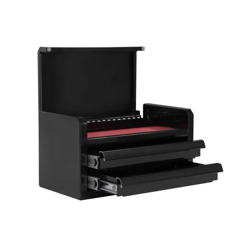 Hella Compact Mini Steel Toolbox With Two Smooth Slide Drawers And Slip Resistant Pads Sits Sweet On Desks For Quick Hardware Swaps And Total Workshop Essentials Clarity Bliss Today, with red liner.