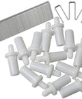 Heavy Duty Spring Loaded Shutter Pins And Tilt Rod Louvers Staples Complete 100 Piece Window Repair Kit For Fixing Damaged Plantation Shutters No Sweat with white plastic pins and staples.