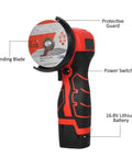 Cordless Angle Grinder 7000 RPM With 16.8V Battery And 76mm Wheels Handled Like A Dream For Cutting Grinding Polishing Tile Stone Or Steel Dang Good Results With Standard Us Plug Included Quickly, featuring a protective guard and grinding blade.