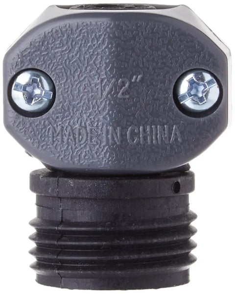 Close-up of Half Inch Garden Hose Male Coupling With Poly End Mender, beefy stainless steel screws, heavy duty repair fitting.