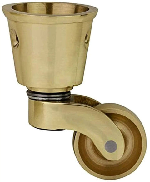 Built Tough Heavy Duty Antique Casters Featuring Sweet Smooth Gliding Solid Brass Wheels And Rock Solid Double Bearings For Easy Furniture Rolling And Zero Floor Scratches, detailed view of a brass caster.
