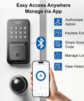 Super Slick Smart Door Lock With App Control, Backlit Keypad Deadbolt, app management features displayed with smartphone.