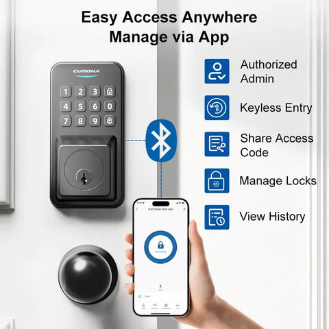 Super Slick Smart Door Lock With App Control, Backlit Keypad Deadbolt, app management features displayed with smartphone.