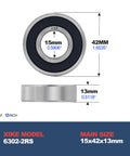 Premium Heavy Duty Deep Groove Ball Bearings 6302 2Rs with dual nitrile seals, 15mm bore, 42mm diameter, 13mm width for smooth operation.