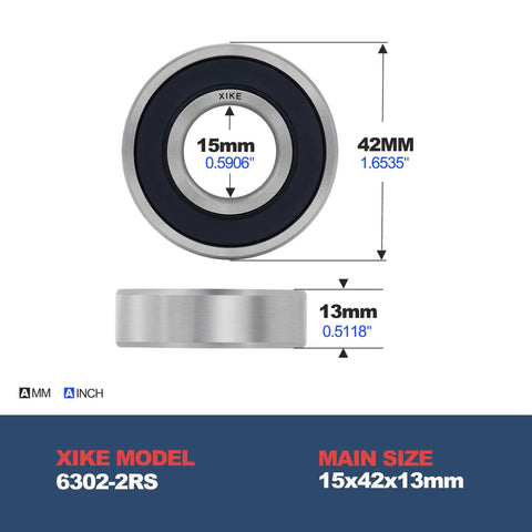 Premium Heavy Duty Deep Groove Ball Bearings 6302 2Rs with dual nitrile seals, 15mm bore, 42mm diameter, 13mm width for smooth operation.