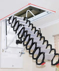 Slick Remote Controlled Electric Attic Stairs With Foldable Telescopic Frame And Built In Handrails Featuring Knockout Anti Slip Treads For Seamless Ceiling Hatch Access, showing the raised position.