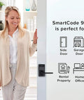 Woman demonstrating SmartCode 917 Keypad Keyless Entry Lever Deadbolt for homes, showing suitable usage locations on door.