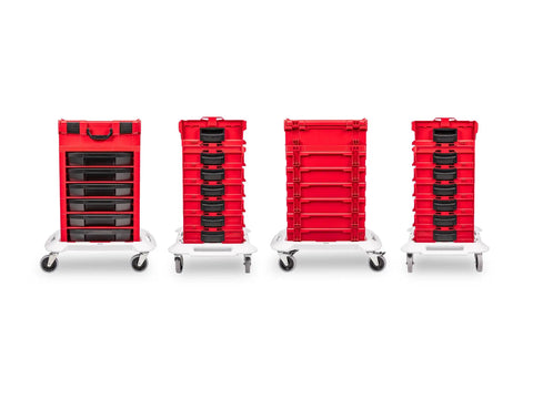 Front and side views of 248 Piece Tool Set In A Modular Stacking Tool Cart With Six-Drawer L-BOXX Compatible Organizer.