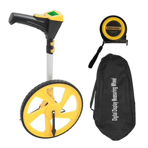 Digital Telescopic Measuring Wheel Featuring Glowing Lcd Screen With Auto Storage Modes For Dead Accurate Distance Tracking Sturdy Plastic Chassis Works Like A Dream Outside with yellow wheel and carrying bag.