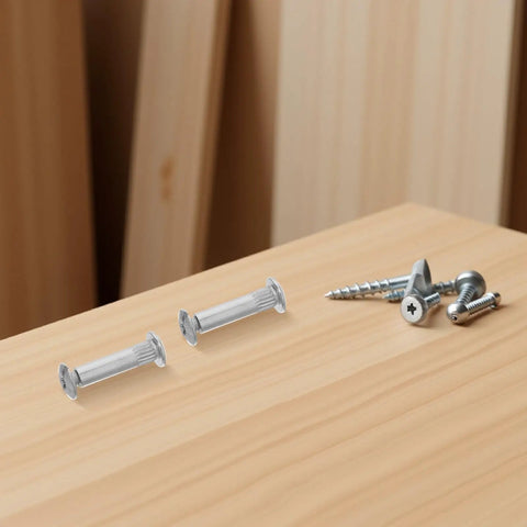 Tough As Nails M6 Cabinet Panel Connectors And Binding Barrels showing cold rolled steel connectors on wood surface.