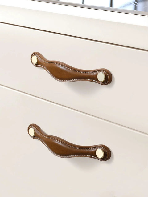 Leather Drawer Pulls 5 Pack, 5 Inch 128mm Leather Handles Knobs For Cabinets Drawers Dressers And Bathroom installed on white cabinet