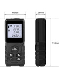 No Nonsense Laser Distance Meter And Rangefinder For Construction shown from the front and side, displaying dimensions and digital readout.