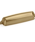 Slick And Badass 10 Pack 5 Inch 128 Millimeter Hole Center Brushed Brass Cup Pulls For Kitchens Drawers Cabinets Closets Top Shelf Cabinet Hardware With A Dope Brushed Gold Finish That Really Gets The Job Done - Close-up view of a brushed brass cup pull.
