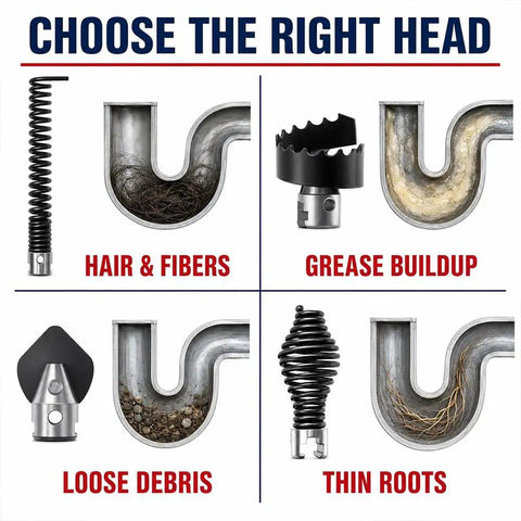 Image showing various heads for Badass Heavy Duty 16mm Drain Cleaner Cutter Head Kit for different clogs like hair, grease, loose debris, and roots.