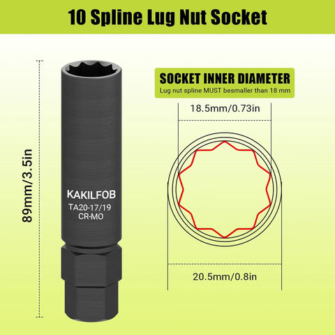 Heavy Duty 10 Point Spline Lug Nut Socket Wrench Set compatible with TA20, 17Mm, 19Mm; black CR-MO steel, 89mm length.