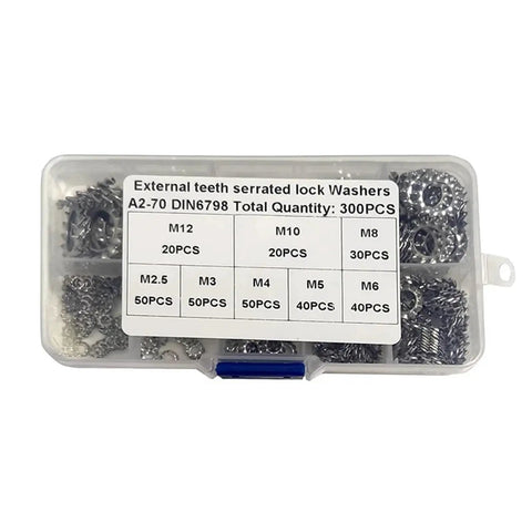 Stainless Steel 304 External Tooth Lock Washers and Serrated Gasket Set in clear case, 300 piece fastener kit visible.