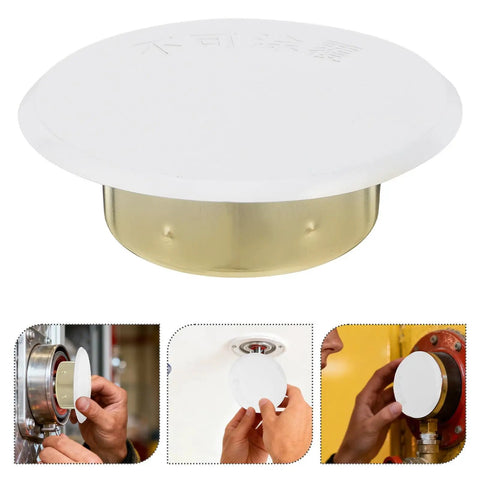 Four Piece Concealed Fire Sprinkler Head Cover Plates White Iron Round Flat Decorative Shield Top Shelf Polish No Sweat Wipe Down Straight Shot Install Pro Grade Safety For House Commercial Spaces, white round plate shown with brass base.