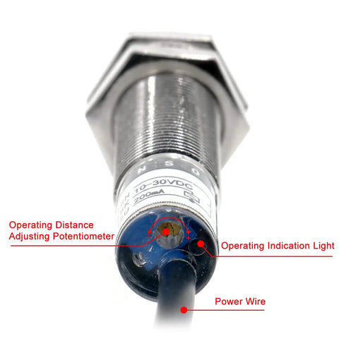 Front view of M12 Capacitive Proximity Sensor Switch Non Shield Type Built Tough For Dielectric Detection Sensing Range One To Five Millimeters Operating Voltage Ten To Thirty Volts DC PNP Normally Closed Output Three Wires.