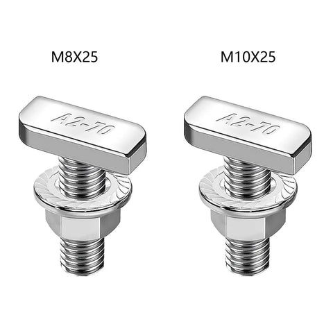 Rock Solid Hammer Head T Bolts For Solar Rail Tracks And Aluminum Profiles With Flange Nuts Rustproof Stainless Steel Fastener Kit For Roofing Projects M8 X 25 and M10 X 25 stainless steel bolts.