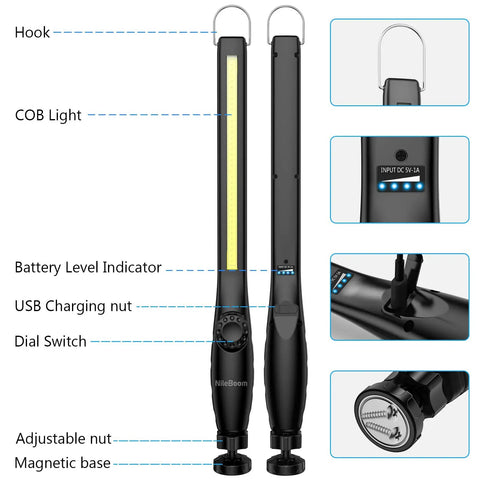 Beast Mode Bright LED Work Light Pack Of 4 With 800 Lumens Rechargeable COB Power Level Indicator Magnetic Base And Hanging Hook