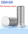 Top Tier 304 Stainless Steel Self Clinching Studs And Pressure Rivet Screws For Sheet Metal Work Metric M2.5 To M8 Threads shown with a smooth finish.