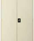 Heavy Hitter Lockable Metal Floor Standing Storage Cabinet With Adjustable Shelves And Secure Recessed Lock Solid As A Rock For Commercial Warehouse Organizing In Putty Finish, front view with lock.