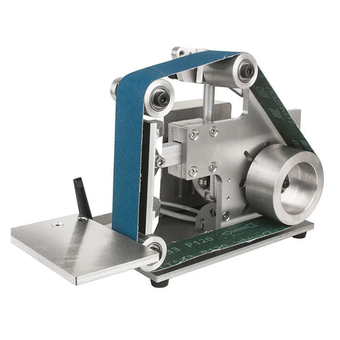 Compact Workhorse 1500W Brushless Belt Sander, Mini Electric Grinder with blue sanding belt and metal base for woodworking.