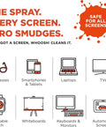 Chart showing devices compatible with the Refillable Screen Cleaner Kit with Microfiber Cloth for MacBook, iPhone, iPad, and Eyeglasses.