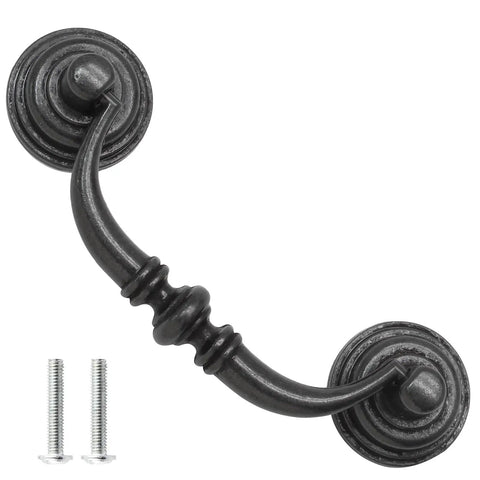 Straight Up Vintage Black Bail Cabinet Pulls Super Durable Zinc Alloy Drawer Handles For Kitchen Cupboards Set Of Six Corrosion Resistant Knobs With Precise 3.5 Inch Hole Spacing, showcasing one handle with screws.