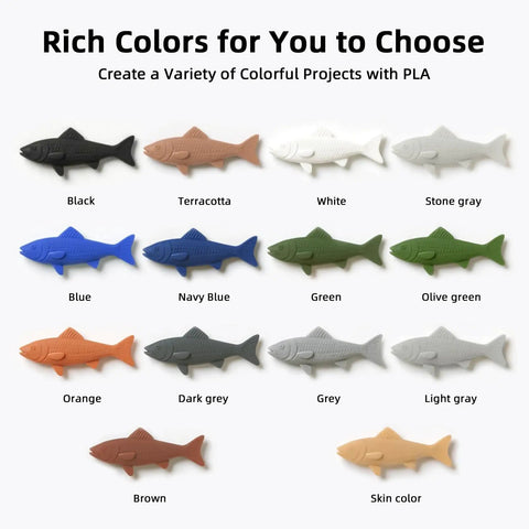 Various fish-shaped samples made from Smooth As Butter Matte PLA Filament 1.75mm Olive Green 1Kg Spool for 3D printers.