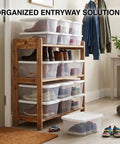 10 Pack Heavy Duty Six Quart Clear Plastic Stackable Storage Bins Featuring Slick Snap On Lids holding shoes in organized entryway setup.
