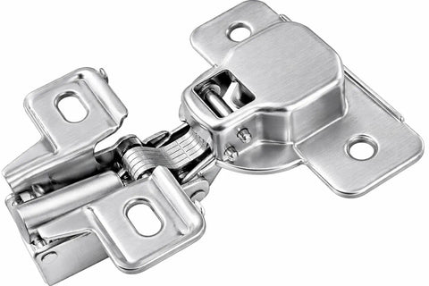 Three Eighths Inch Overlay Hinges 30 Pack Quiet 3D Soft Close Concealed For Face Frame And Frameless Cabinet Doors, 105 Degree Opening, Self Closing Slick Satin Nickel Stainless Steel Hardware in close-up view