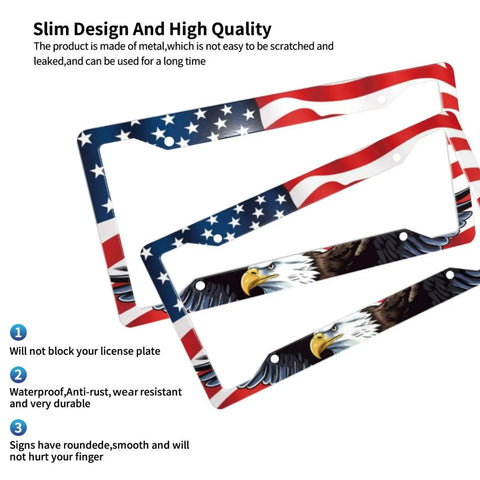 American Flag Bald Eagle License Plate Frame 2 Pack for Cars Rustproof Aluminum Plate Holder With Screw Caps Patriotic