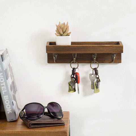 Super Sleek 10 Inch Brown Wood Wall Mount Floating Shelf With Four Antique Metal Key Hooks Straight Up Perfect Entryway Organizer for keys and small plants.