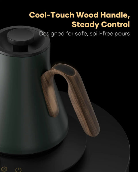 Gooseneck Electric Kettle With 1 Degree Temperature Control 1500W Fast Heating Pour Over Coffee And Tea Kettle in green with wood handle