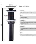 Oil rubbed bronze pop up drain for Dope Look Vessel Sink, dimensions and specifications shown.