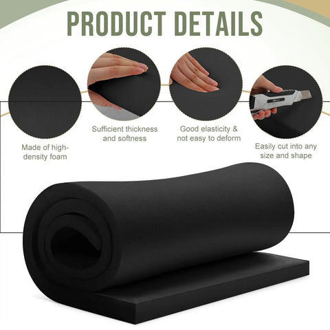 Top Shelf High Density Upholstery Foam Cushions In Deep Black For Couch Repairs And Furniture Upgrades Featuring Rock Solid Polyurethane Padding Built For Easy Installation In 1 By 24 By 72 Inch Sizes, rolled foam with cutting details.