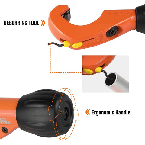 Built Tough Telescopic Tube Cutter Makes Snappy Cuts Through Copper And Brass Pipes 1/8 In To 1-3/4 In Wide Jaw Span Lightweight Die Cast Alloy with ergonomic handle.
