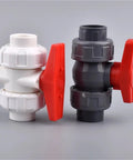 Grey Hose Connector Set 15 Piece Double Union Ball Valve Garden Watering Fittings For Quick Disconnects And Flexible Outdoor Irrigation And Lawn Watering System, gray and white UPVC valves with red handles