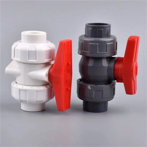 Grey Hose Connector Set 15 Piece Double Union Ball Valve Garden Watering Fittings For Quick Disconnects And Flexible Outdoor Irrigation And Lawn Watering System, gray and white UPVC valves with red handles