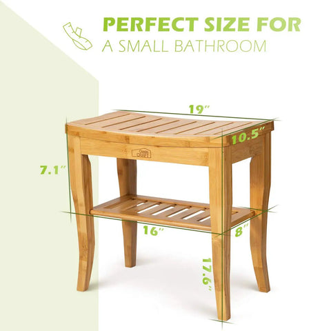 Bamboo Shower Bench With Shelf And Free Soap Dish For Spa Like Bathrooms No Fuss Easy Set Up 19 Inch Waterproof Bath Seat