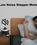 Premium Circular Stepper Motor for 3D Printers with 12 Tooth Gear beside sleeping man, illustrating low noise operation.